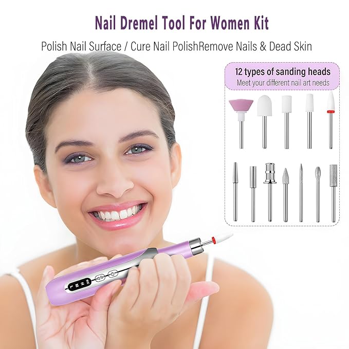 Electric Nail Drill File Cordless,Portable Rechargeable Nail File Kit for Acrylic & Gel Nails,Professional Efile for Manicure Pedicure Polishing,with 12 Nail Drill Bits 31 Sanding Bands,Purple