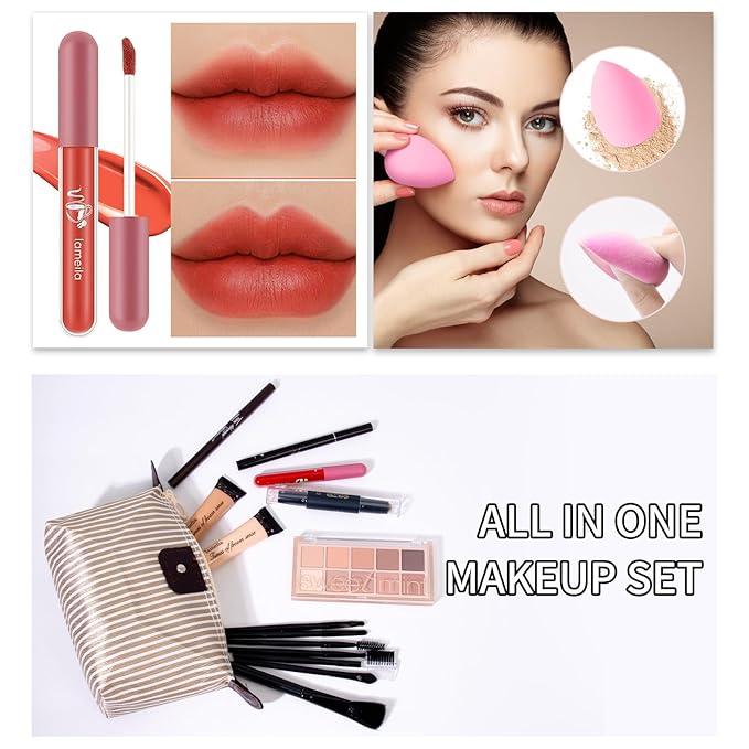 Makeup Kit For Girls Teens Women, Makeup Set, Makeup Present, Includes Eyeshadow Palette, Foundation, Eyebrow Pencil, Eyeliner, Lip Gloss, Counter Stick, Makeup Brush Set Bag & Sponge
