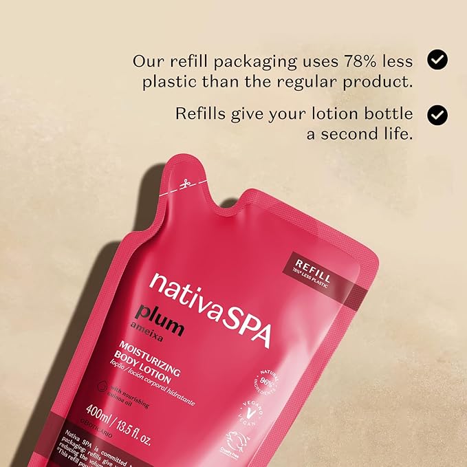 Nativa SPA by O Boticário, Plum Moisturizing Body Lotion Refill Pack, Fragranced Moisturizer Enriched with Purified Quinoa Drops to Boost Hydration, 13.5 Ounce