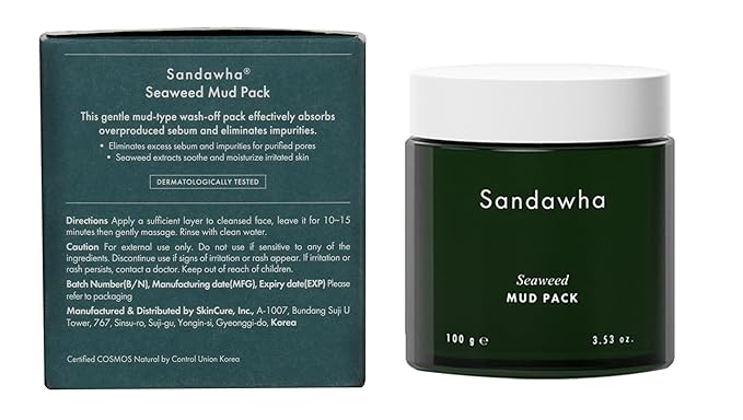 SKINCURE Vegan Seaweed Mud Mask, Korean skincare Blackhead Remover Clay Mask for Pore Cleansing with Kaolin & Bentonite, Oil Control & Gentle Exfoliation, 3.5oz