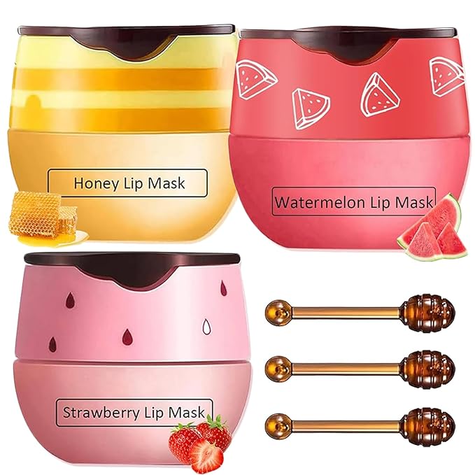 3 PCS Bee Lip Balm Honey Pot, Honey&Strawberry&Watermelon Lip Sleeping Mask Hydrating Prevention Dry and Cracked Lip Scrubs Exfoliator Lip Care, Overnight Lip Mask Reduces Lip Lines