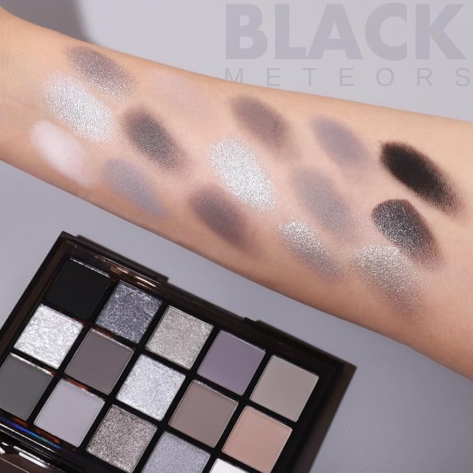 UCANBE Smokey Black Eyeshadow Palette, 15 Colors Dark Shimmer Matte Metallic Makeup Pallet, High Pigmented Gray Silver Sombras De Ojos Kit for Daily and Halloween