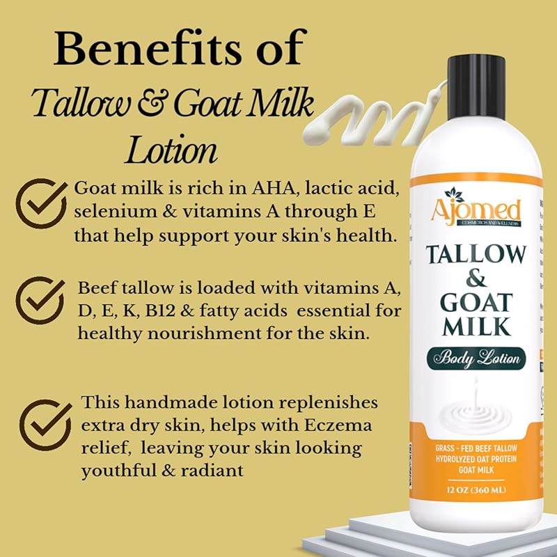 Grass Fed Beef Tallow & Goat Milk Body Lotion for Sensitive Skin, Organic Tallow moisturizer- Soothes Dry Patches, Goat Milk Moisturizer - Handmade Tallow Body Lotion (Oatmeal & Honey, 12 Oz)