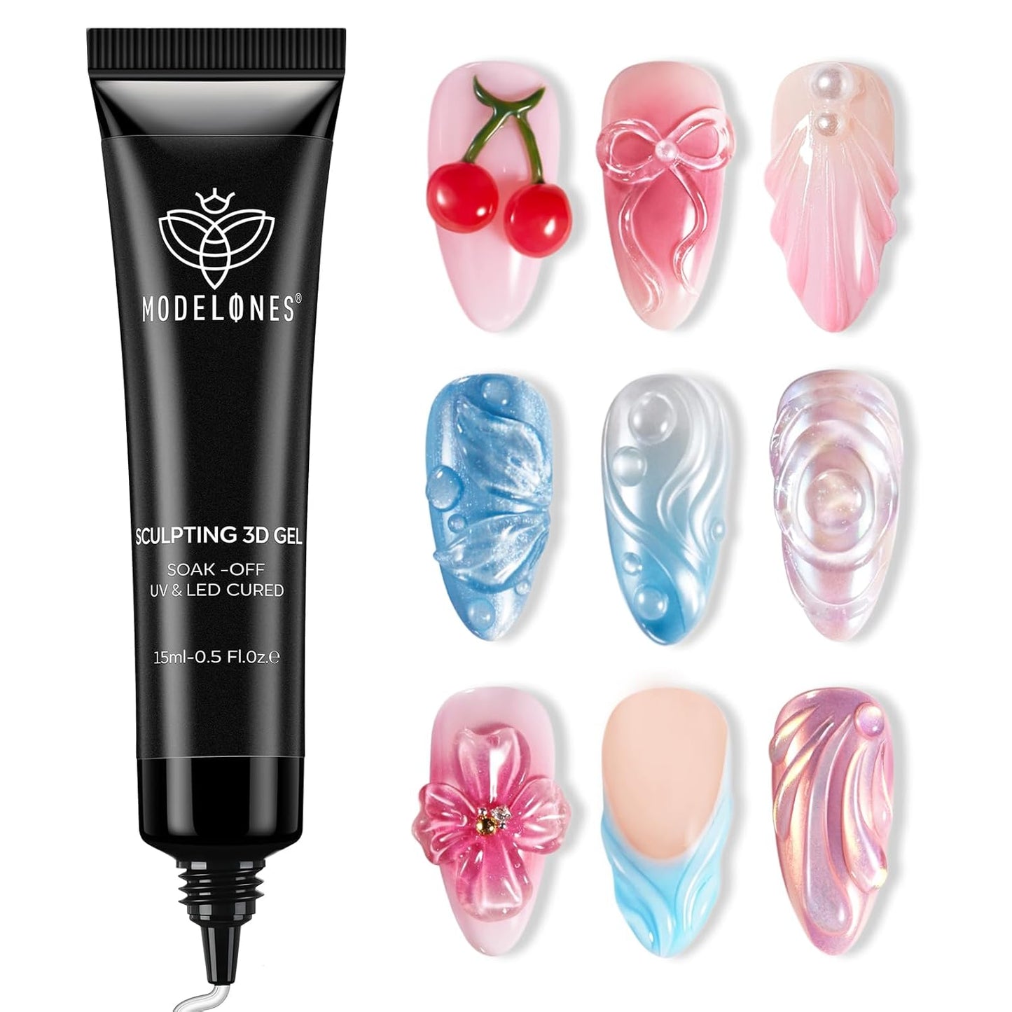 Modelones 3D Gel Nail Art, Sculpting Gel Glue for Molding, Drawing, Charms & Gems Glue, Nail Stuff for Chrome Powder and Rhinestone Design No Wipe, U V Light Cured Salon & DIY Use