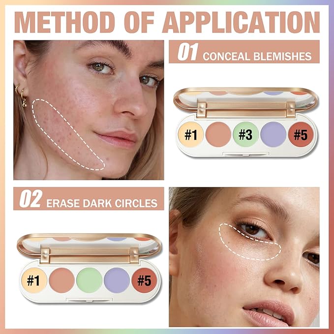 FOCALLURE #GoldenAge 5 in 1 Multi Uses Concealer Palette, 5 Colors Correcting Conceal Palette, Camouflage Contour Palettes for Dark Circles, Face Contouring Highlighter Pallet, CC02 COLOUR CORRECTING
