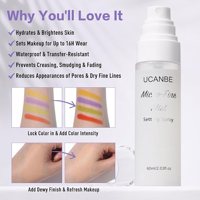 UCANBE Dewy Setting Spray for Makeup, Long Lasting Hydrating Make Up Finishing Spray for Face, Micro-Fine Mist Fixing Spray for Dewy Glow Finish, Lightweight & Waterproof for up to 16 Hours Wear