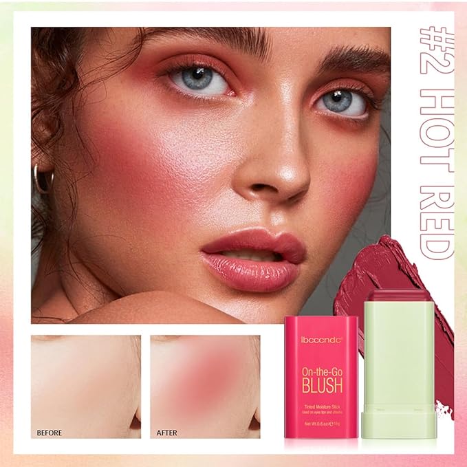 Multi-Use Makeup Blush Stick,Cream Blush Stick,Solid Moisturizer Stick,Waterproof Natural Nude Makeup,Tinted Solid Moisturizer Stick for Eyes Lips Cheek (2#Hot Red)