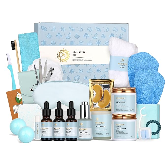 Spa Gift Set, 28pcs Ylang Facial Skin Care Set includes Face Cream, Bath Oil, Serum, Shower Accessories, Clay Mask. Bath & Body Set, Body & Facial Kit for Women & Men, Birthday, Christmas, Dad, Mom
