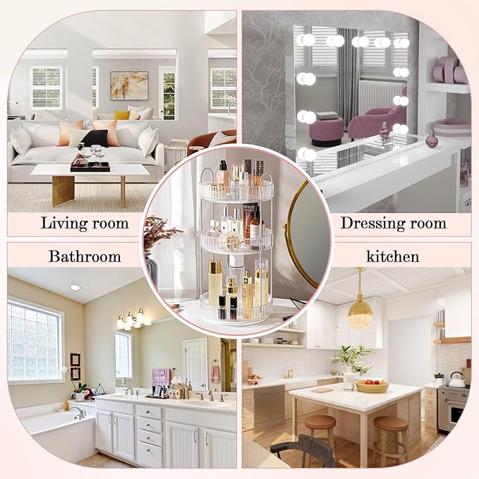 360° Rotating Makeup Organizer for Vanity, Spinning Cosmetics Organizer Holder Rack, Large Capacity Bathroom Organizer Countertop, Fits Perfume, SkinCare, Makeup Brushes 3 Tiers, Transparent