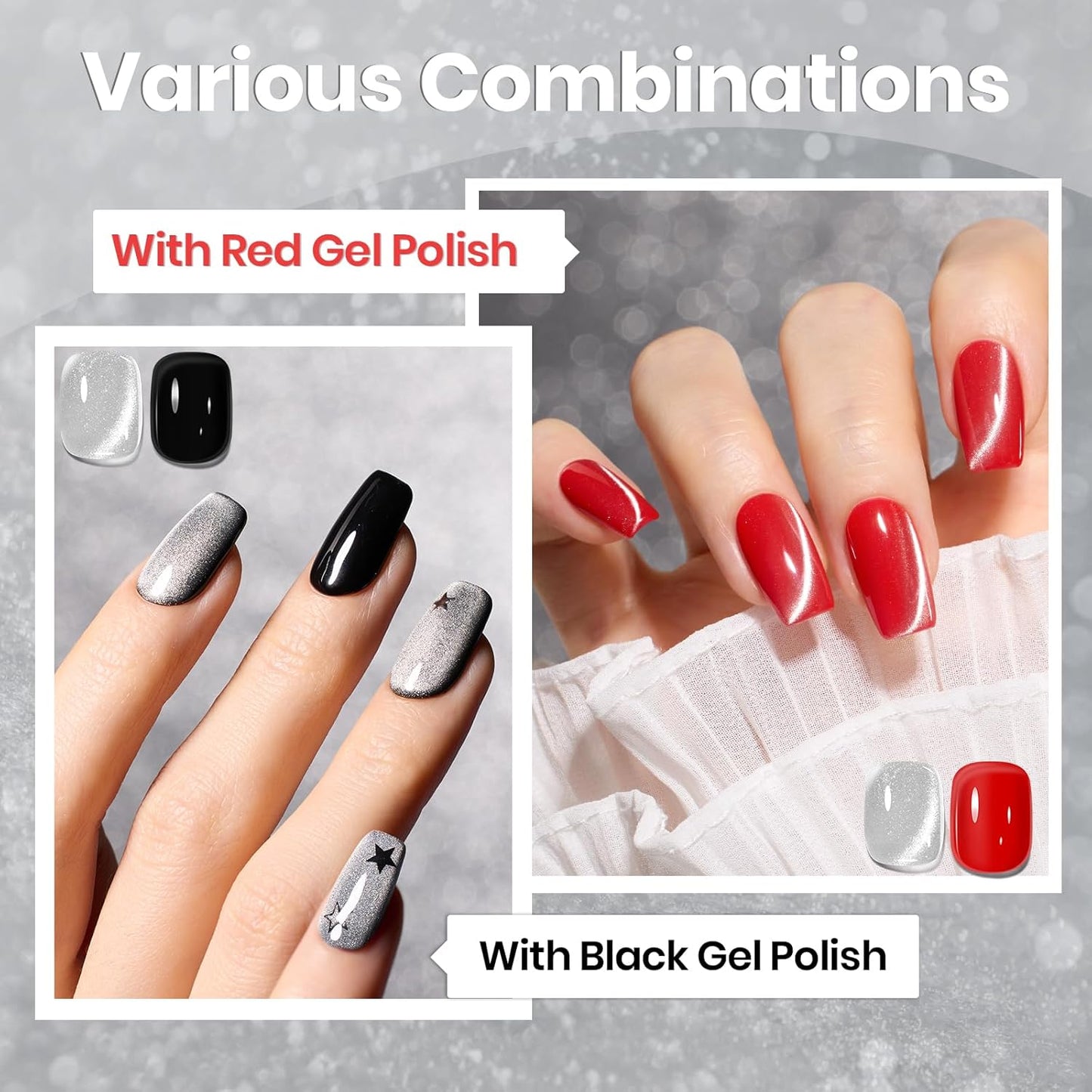 Beetles Silver Cat Eye Gel Polish, 15ML Silver Glass Cat Eye Glitter Gel Polish with Magnet Shimmer Translucent Sheer Color Soak Off UV Lunar Gleam Series French Nail Art Gift for Women