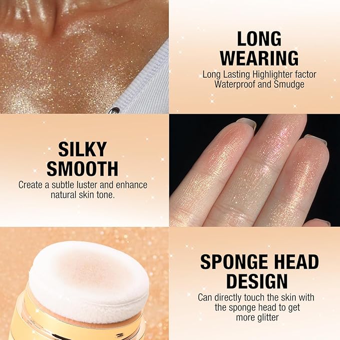 Glitter Body Highlighter Powder Body Shimmer Sparkle Face Brightening Highlighter Powder for Face Eyes Body Glow Makeup With sponge head（Purple）
