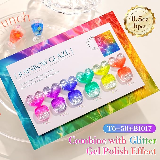Double Rhythm 6 Pcs 15 ML Gel Polish Set Same Color Same Bottle Soak Off Jelly Neon Gel Polish Kit Nail Art Manicure Salon DIY at Home (Pink Purple Blue Green Yellow Green-T6-50)