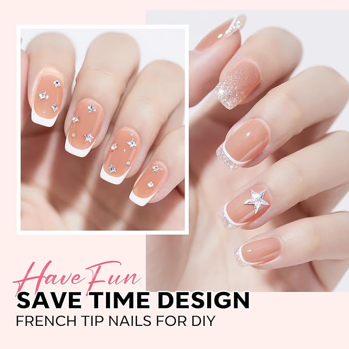 modelones French Tip Press on Nails, Short Square Fake Nails with Nail Box, Deep Nude Gel Nail Tips for Women, Soft Glue-On Nails for Natural Salon Look, DIY Nail Art Kit