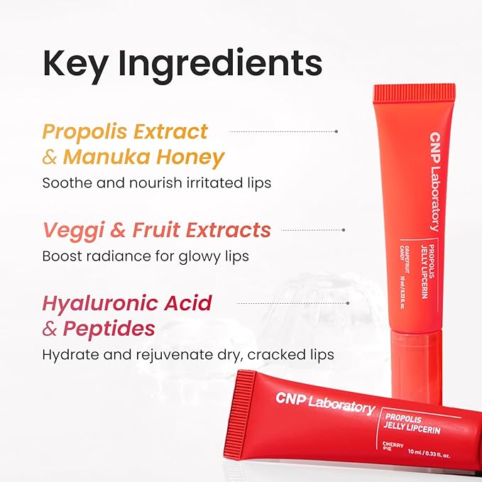 CNP Propolis Jelly Tinted Lipcerin™ - 04 Cherry Pie, Hydrating Lip Balm & Gloss with Manuka Honey + Hyaluronic Acid, Korean Skincare, 0.3 fl.oz.