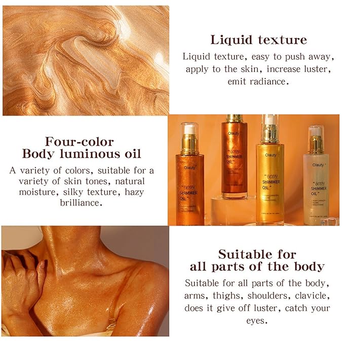 Shimmer Body Oil,Face and Body Liquid Luminizer,Waterproof Moisturizing Light Shimmer Glow Illuminator,Smooth Body Shimmer,Liquid Highlighter Makeup ((Gold)