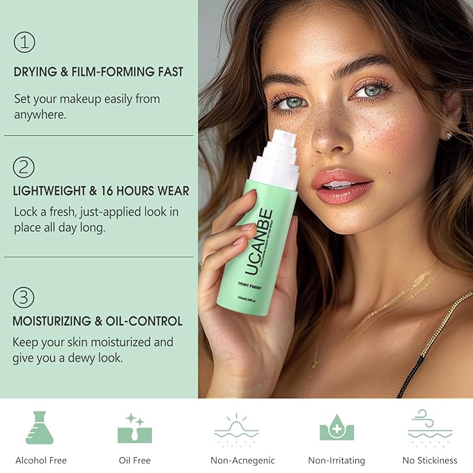 Dewy Makeup Setting Spray Kit-3.38 Fl oz Hydrating Illuminating Finishing Spray Lightweight Face Mist All Day Long Make up Fixer +2PCS Sponge Puff, Hydrate Skin for a Bright Look