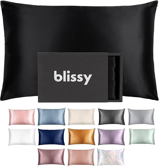 Blissy Silk Pillowcase - 100% Pure Mulberry Silk - 22 Momme 6A High-Grade Fibers - Silk Pillow Cover for Hair & Skin - Regular, Queen & King (Black, Queen)