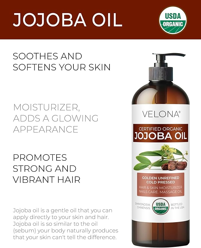 velona Jojoba Oil USDA Certified Organic - 16 fl oz (With Pump) | 100% Pure and Natural | Golden, Unrefined, Cold Pressed, Hexane Free | Moisturizing Face, Hair, Body, Skin Care