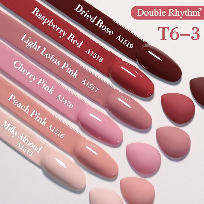 Double Rhythm 6 Pcs 15 ML Gel Polish Set Same Color Same Bottle Soak Off Gel Polish Kit Nail Art Manicure Salon DIY at Home for Women (Burgundy Red Nude Pink Purple Beige-T6-3)