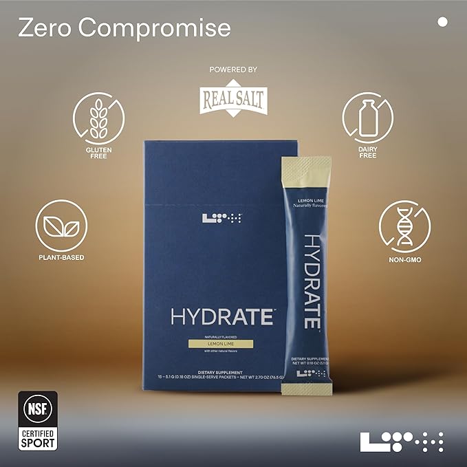 LTH Hydrate Hydration Mix - Trusted by Life Time Fitness Members - NSF Certified for Sport - Electrolyte Powder - Plant-Based, Non-GMO, Gluten Free - 15 Single-Serve Packets (Lemon Lime) - 2-Pack