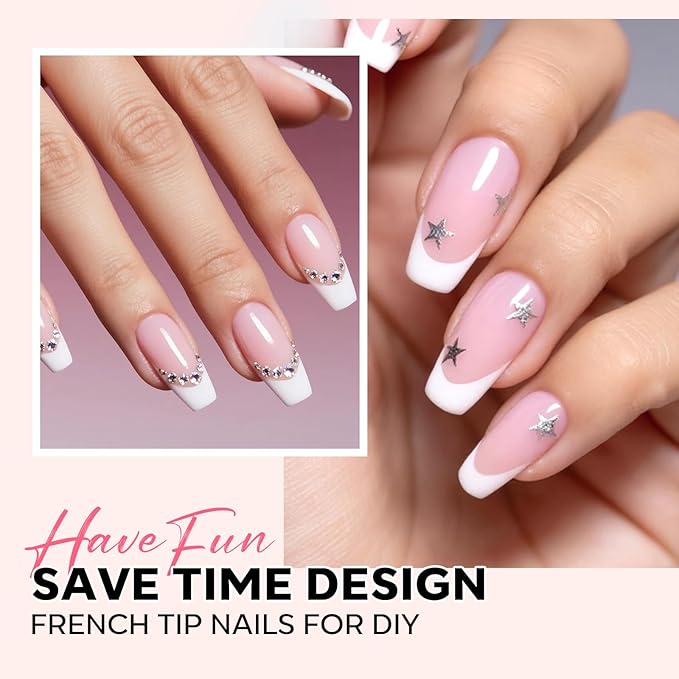 modelones French Tip Press on Nails, 150Pcs Short Coffin Fake Nails with Nail Box, Pink & White Gel Nail Tips for Women, Soft Glue-On Nails for Natural Salon Look, DIY Nail Art Kit (15 Sizes)
