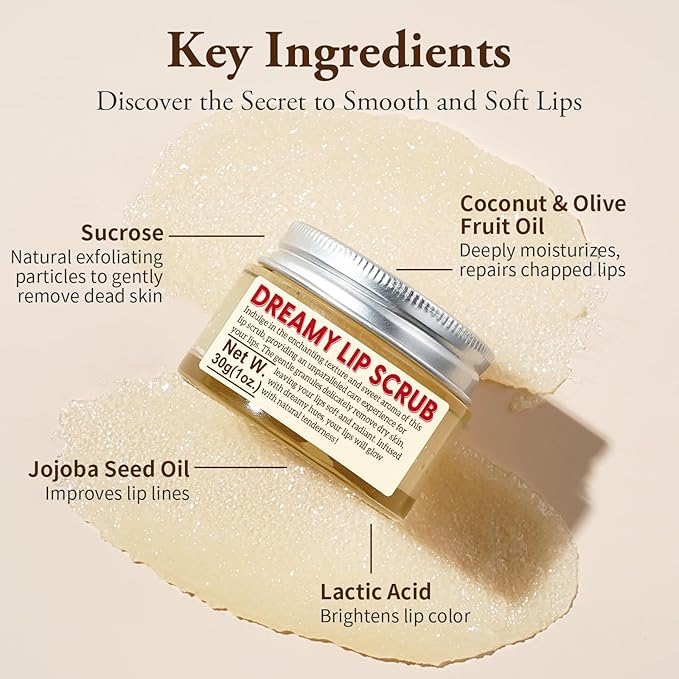 Nourishing Lip Scrub - Infused with Coconut Oil, Olive Fruit Oil, and Jojoba Seed Oil, 1.05oz - Exfoliate, Hydrate, and Glow for Chapped Dry, Dark Lips