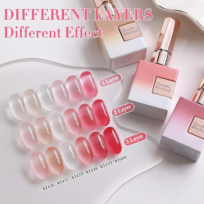 Double Rhythm 6 Pcs 15 ML Gel Polish Set Same Color Same Bottle Soak Off Gel Polish Kit Nail Art Manicure Salon DIY at Home for Women (Milky White Jelly Pink Nude Peach-T6-24)