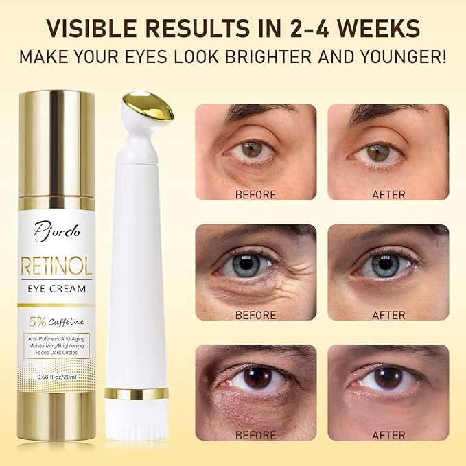 Retinol Eye Cream for Dark Circles Puffiness, Under Eye Cream Anti Aging Eye Cream Reduce Wrinkles & Fine Lines, 5% Caffeine Eye Cream with Eye Massage Wand, Perfect Gifts