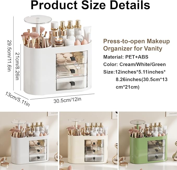 DASITON Makeup Organizer with 3 Drawers,Automatic Lifting Makeup Brush Holder with Lid,Large Capacity Makeup Organizers for Vanity,Bathroom Countertop,Ideal Storage Skin Care,Brushes,Lipstick (White)