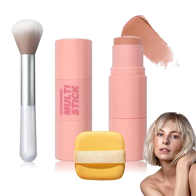 Cream Blush Stick with Brush and Makeup Sponge,Waterproof Multi Cream Makeup Stick,Lightweight,Long-lasting,2 in 1 Multi Blush for Cheeks & Lip Tint & Eyeshadow Q