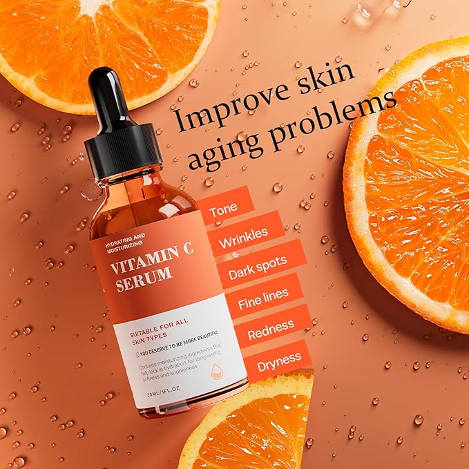Vitamin C Serum For Face-Anti Aging & Wrinkle Facial Serum With Vitamin C,Sodium Hyaluronate,Vitamin E And More,Skin Brightening Serum For Dark Spots,Fine Lines & Dull Skin,1 Fl Oz