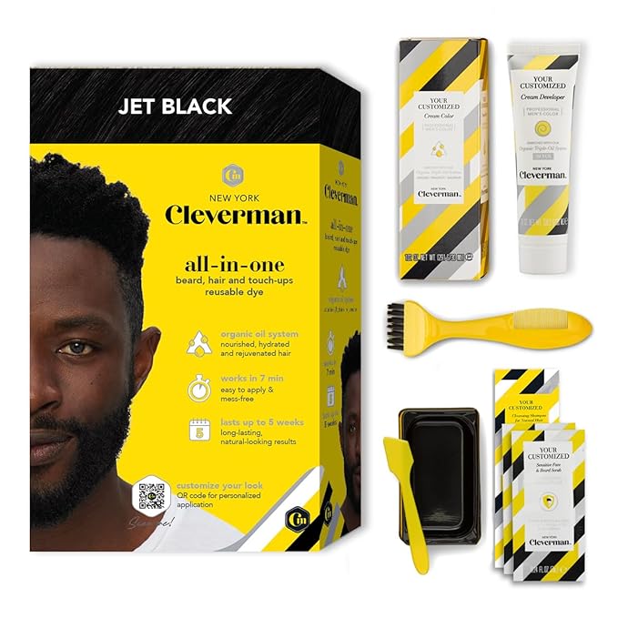 Cleverman Hair & Beard Dye Kit for Men, All-in-One Reusable Mens Hair Color, Natural Gray Coverage, Ammonia-Free Beard Mustache Dye (Jet Black for Black Men)