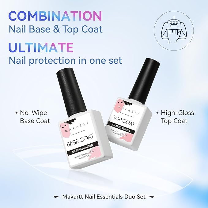 Makartt 2 Pcs Gel Top Coat and Base Coat Set - No Wipe Shine Finish Soak Off Base Top Coat Long Lasting for Gel Nail Polish, LED UV Lamp Need, Salon Quality Nail Manicure Gifts, 10ML