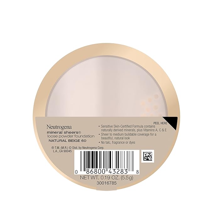 Neutrogena Mineral Sheers Lightweight Loose Powder Makeup Foundation with Vitamins A, C, & E, Sheer to Medium Buildable Coverage, Skin Tone Enhancer, Face Redness Reducer, Natural Beige 60,.19 oz