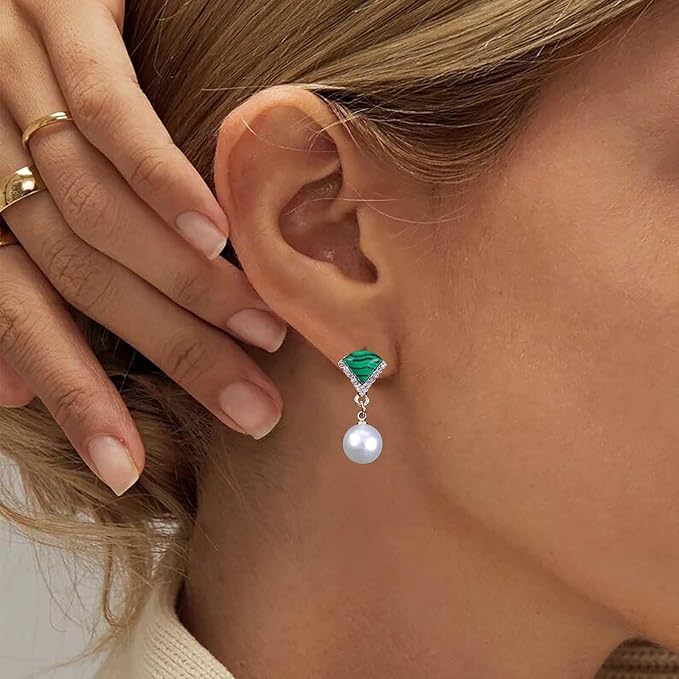 Vintage Cz Emerald Pearl Earrings Gold Pearl Drop Earrings Triangle Emerald Earrings Geometric Emerald Stud Earrings Jewelry for Women and Girls