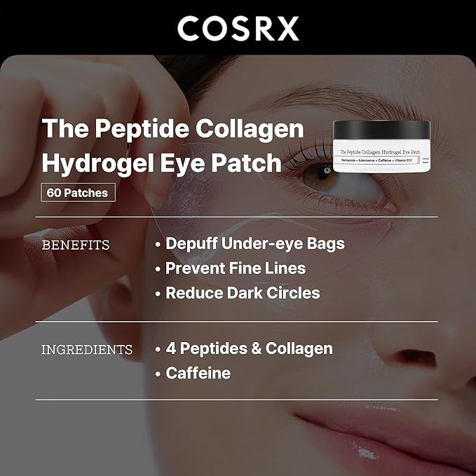 COSRX Under Eye Mask, Peptide Collagen Hydrogel Eye Patch for Puffy Eyes and Dark Circles, 60 Under Eye Patches, Korean Skin Care