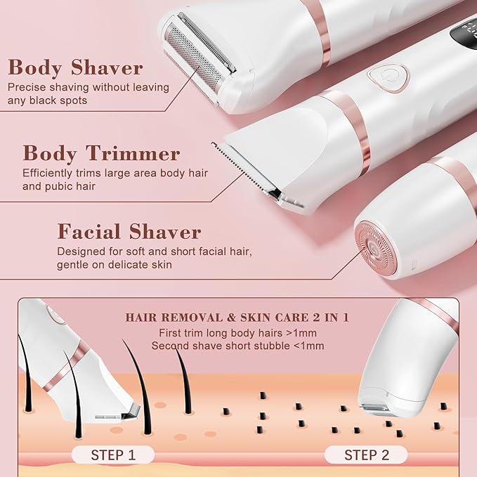 Bikini Trimmer for Women, 3-in-1 Waterproof Electric Shaver, Cordless Pubic & Body Hair Trimmer, Facial Shaver, Easy-Clean Razors with Ceramic Blade, Type-C Rechargeable, Led Display