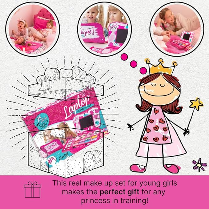My First Makeup Set for Young Girls I Kids Makeup Kit for Little Girls I Foldable Makeup Palette with Makeup Mirror I Pink Set Makeup for Kids Vanity I Washable Laptop Design Toddler Makeup Kit Gift