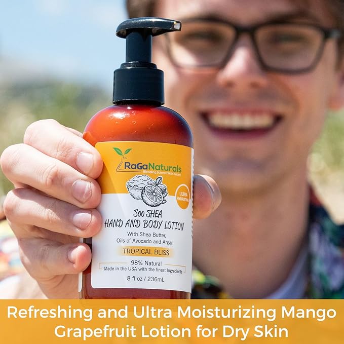 RaGaNaturals Natural Mango Shea Butter Lotion - Tropical Lotion with Vitamin E, B5, Argan & Avocado Oil - Refreshing, Hydrating & Nourishing Moisturizer - Vegan, Cruelty-Free & Paraben Free - 8 Oz