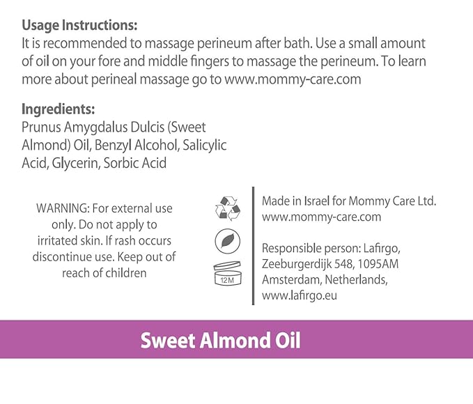Mommy Care Perineal Massage Oil Labor Preparation, Flexible Perineal Massage Oil, Sweet Almond Oil For Pregnancy and Postpartum Recovery 100ml/3.38 fl.oz Certified Organic All Natural