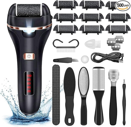 Electric Callus Remover for Feet,Rechargeable Foot File Hard Skin Remover,Waterproof 14 in1 Professional Pedicure Kit for Cracked Heels &Dead Skin,with 9 Roller Heads 2 Speed