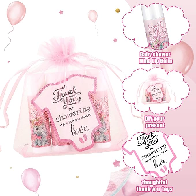 Demissle 50 Pcs Baby Shower Lip Balm Gift Set with 100 Pcs Organza Bags Baby Shower Party Favor for Guest Thank You Tag Rope Baby Shower Party Decoration Gender Reveal Souvenirs(Elephant)