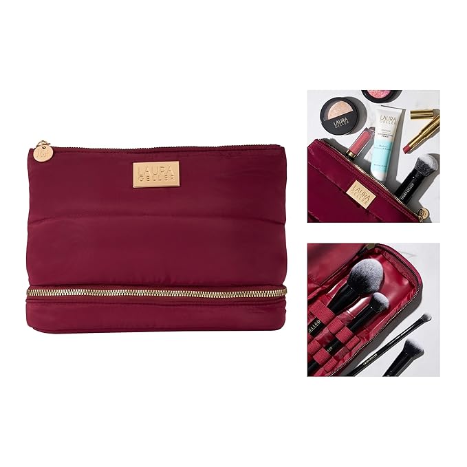 LAURA GELLER NEW YORK Quilted Makeup Bag with Brush Case, Burgundy - Toiletry Bag Organizer for Travel - Large Capacity Full Size Makeup Bag - Easy to Clean