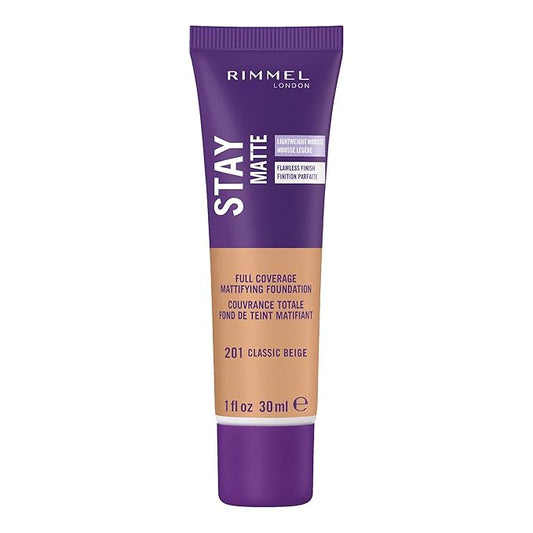Rimmel London Stay Matte Liquid Mousse - 201 Classic Beige - Foundation, Lightweight, Shine Control, Oil-Free, 1oz