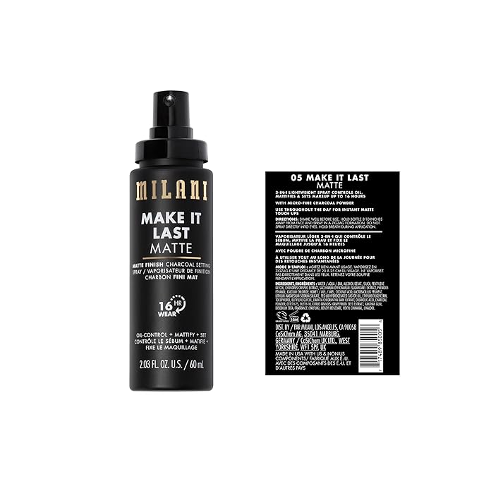 Milani Make it Last Matte - Matte Finish Charcoal Setting Spray- Cruelty-Free Makeup Primer and Setting Spray for Oily Skin - Long Lasting Finishing Spray (2.03 Fl. Oz.)
