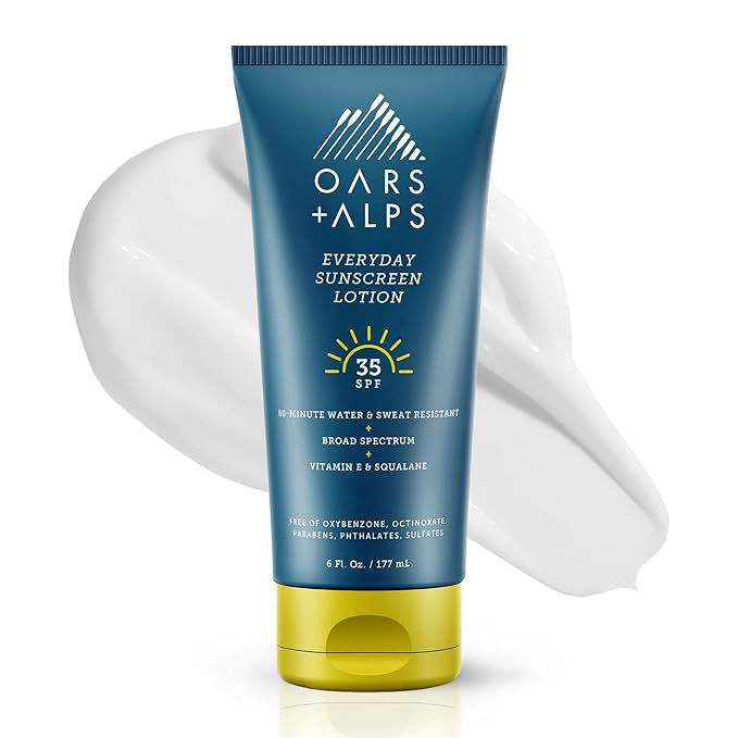 Oars + Alps Sunscreen Body Lotion for Everday Use, SPF 35 Body & Face Sunscreen Lotion, Infused with Aloe Leaf & Vitamin E, No White Residue, Water & Sweat Resistant, All Skin Types, Lightweight, 6oz