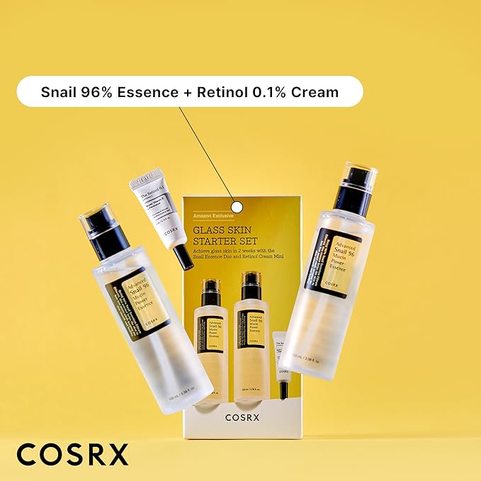 COSRX Glass Skin Korean Skincare Set- Advanced 96% Snail Mucin Serum (3.38fl oz * 2pcs) & Mini Sized 0.1% Retinol Cream for Face (0.1oz)- Korean Skin Care Gift Set, Anti Aging Set