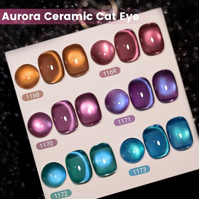 RARJSM Aurora Ceramics Glitter Glass Cat Eye Gel Nail Polish Set 6Pcs Pink Purple Brown Blue Green Shimmer Smoothie Cateye Colorful Galaxy Effect with Magnetic Stick UV LED Curing Require Home Salon