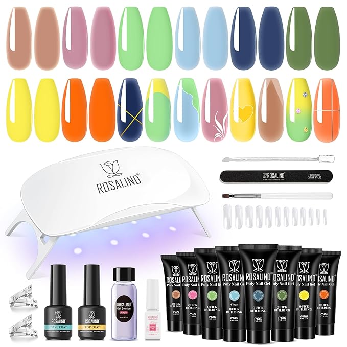 ROSALIND 8PCS Poly Nail Gel Kit with Mini Nail Lamp Clear Nude Poly Nails Gel Kit Starter Kit Nude Pink Nail Extensions Gel Set