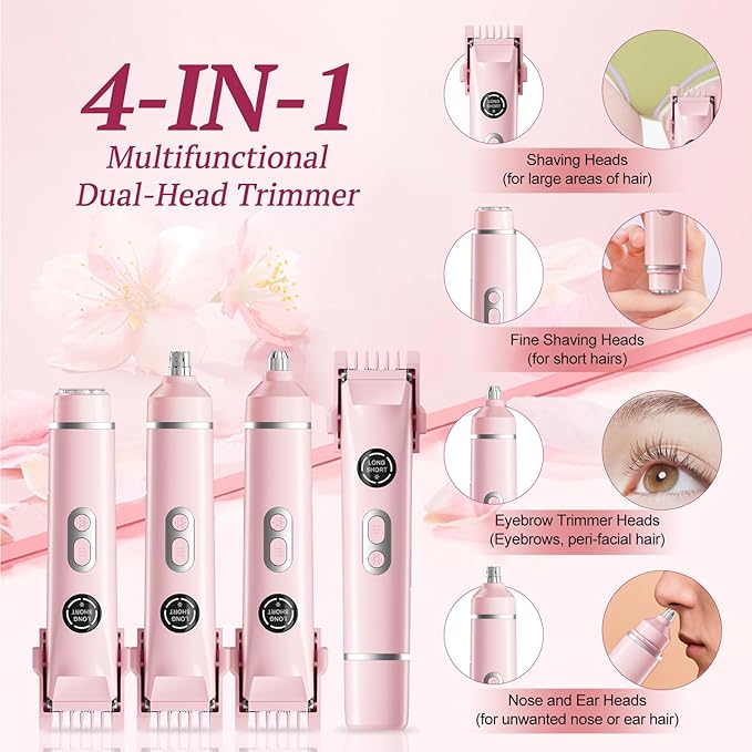 Bikini Trimmer for Women, 4 in 1 Wet/Dry Electric Razors for Women - Dual Head, Painless Rechargeable Portable Womens Razors for Shaving Set for Face, Nose, Eyebrows, Armpits, Bikini Area (Pink)